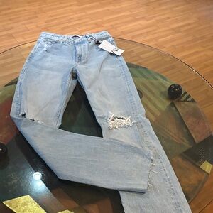 Zara Light Blue Distressed Straight Leg Jeans